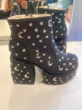 YRU Black Iridescent Platform Moon & Star Studded Ankle Boots
